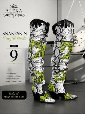 Alexa Snakeprint Over-the-Knee Cowgirl Boots in Green/White
